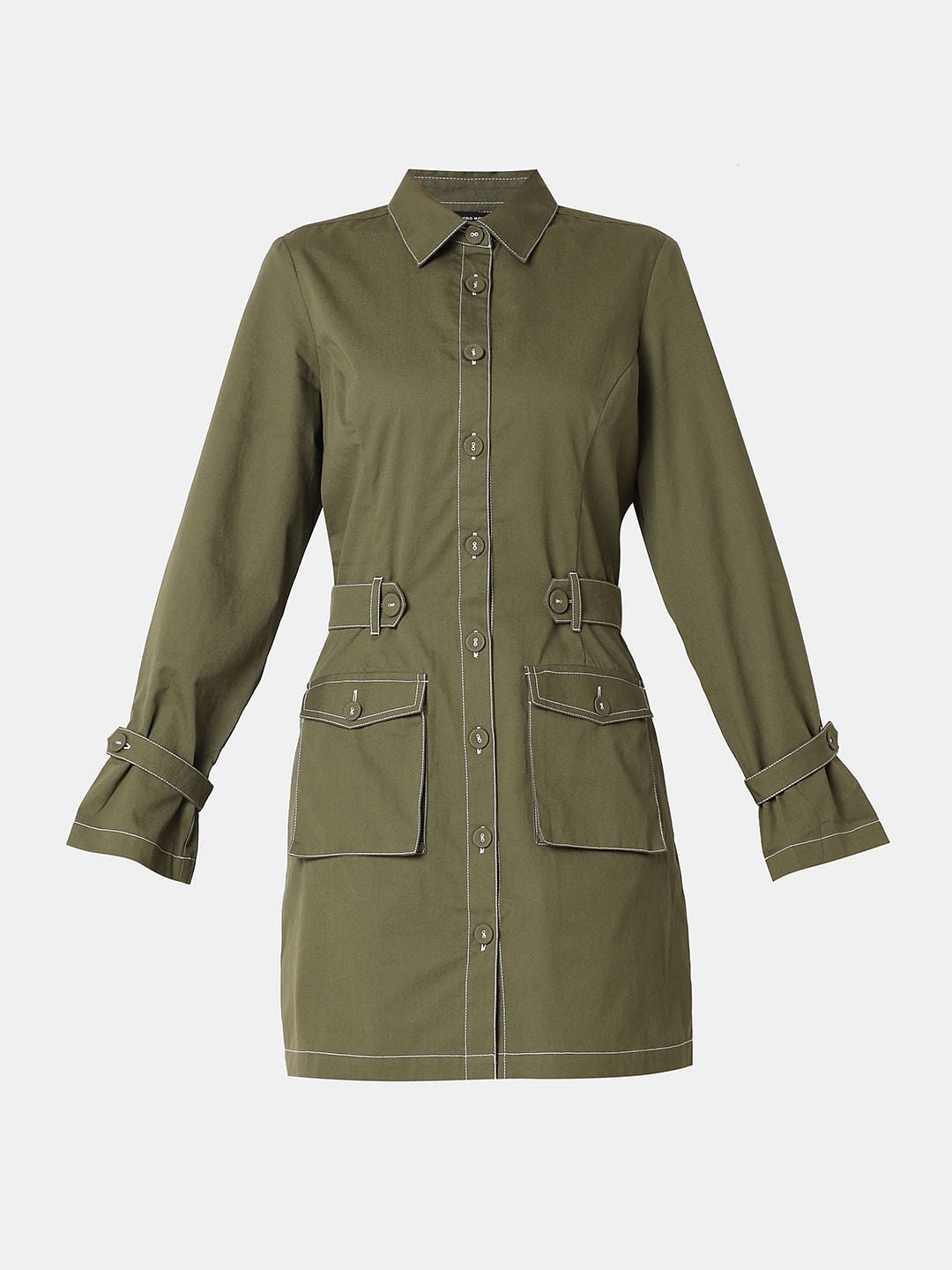 Green Contrast Stitch Detail Mini Dress