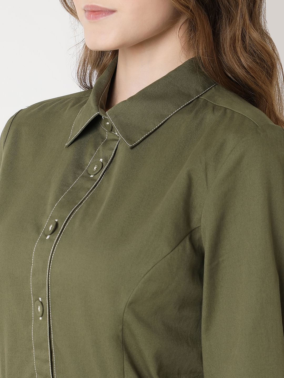 Green Contrast Stitch Detail Mini Dress