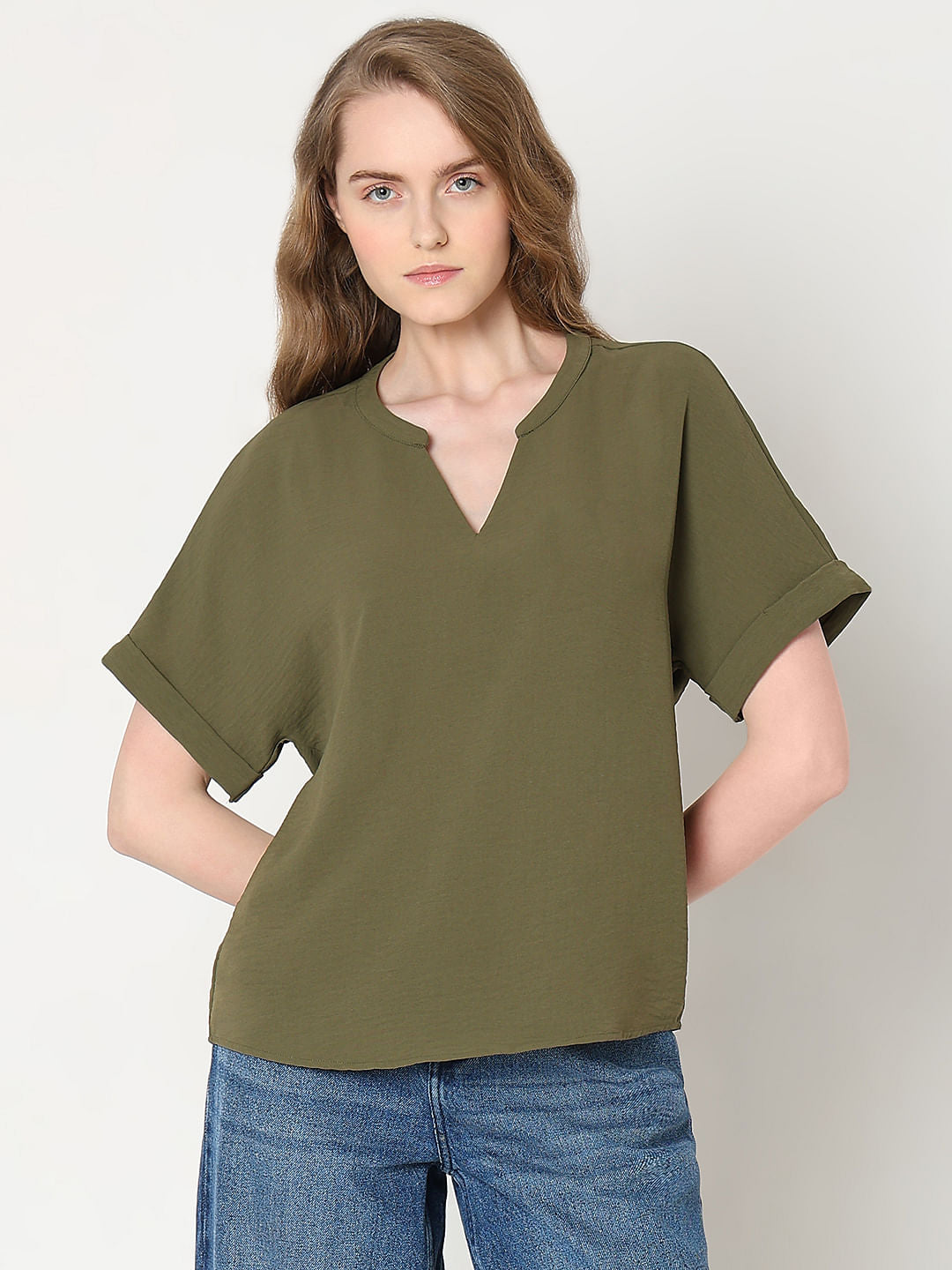 Dark Green V-Neck Top