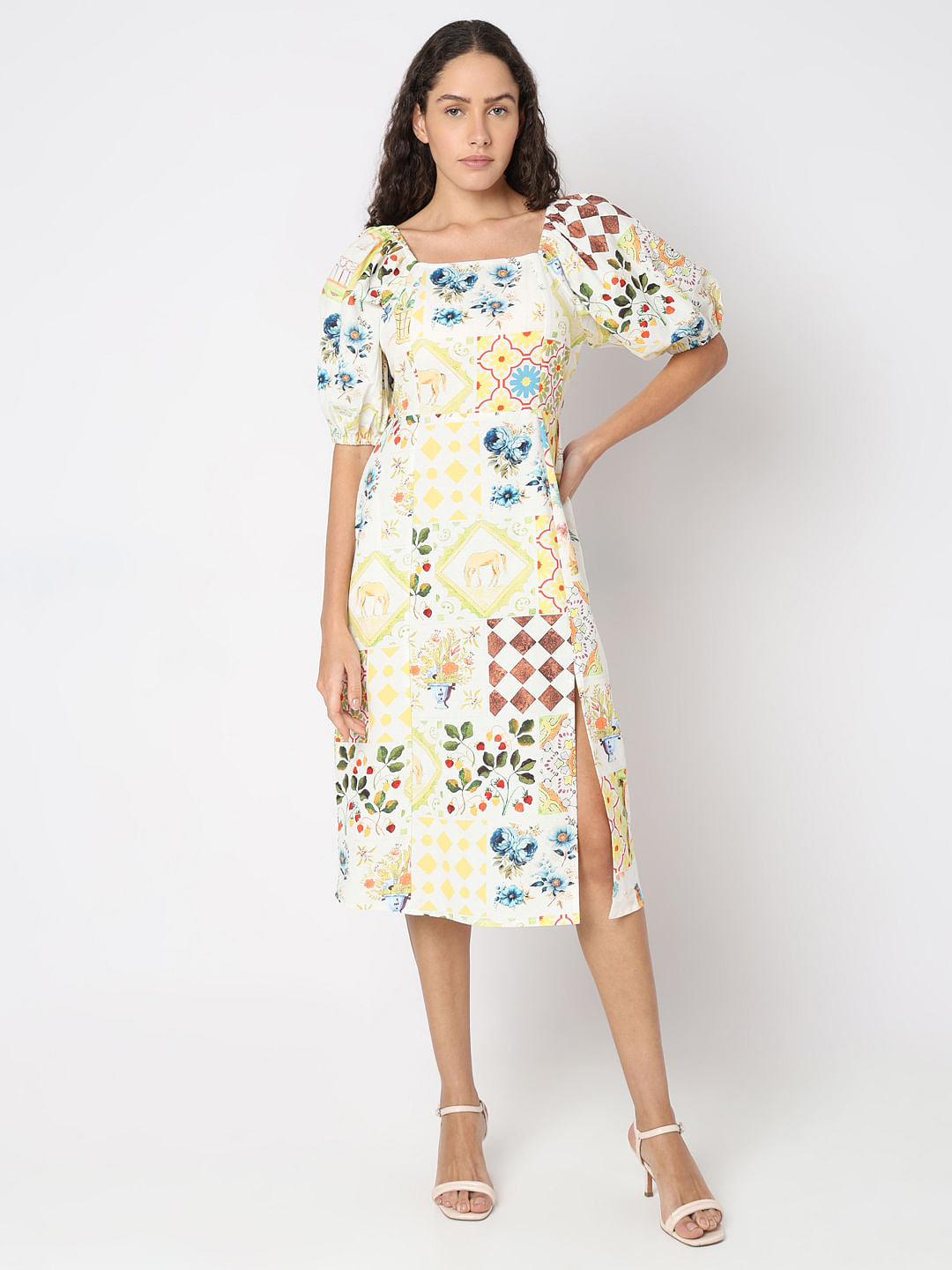 Pale Yellow Floral Midi Dress