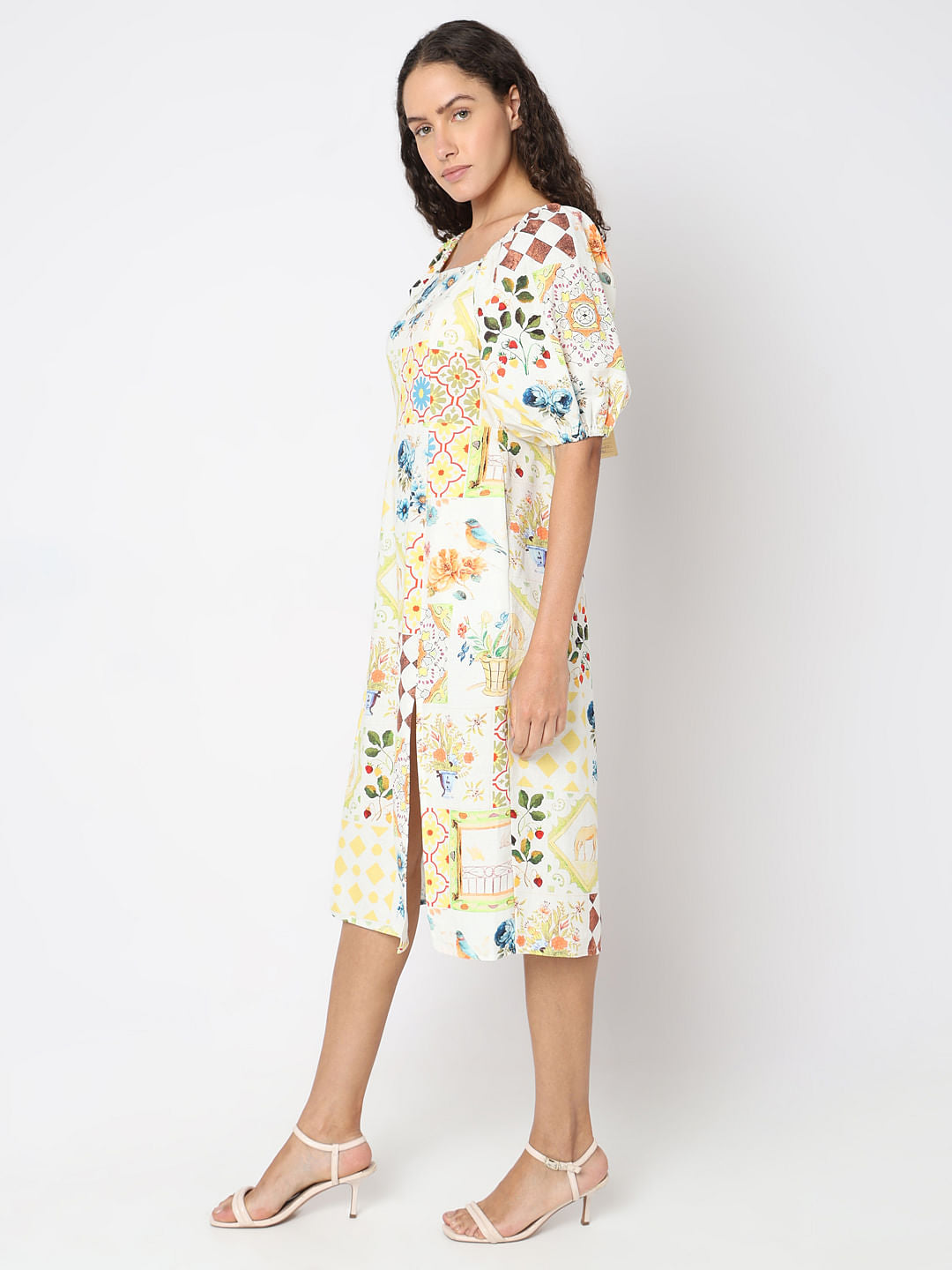 Pale Yellow Floral Midi Dress