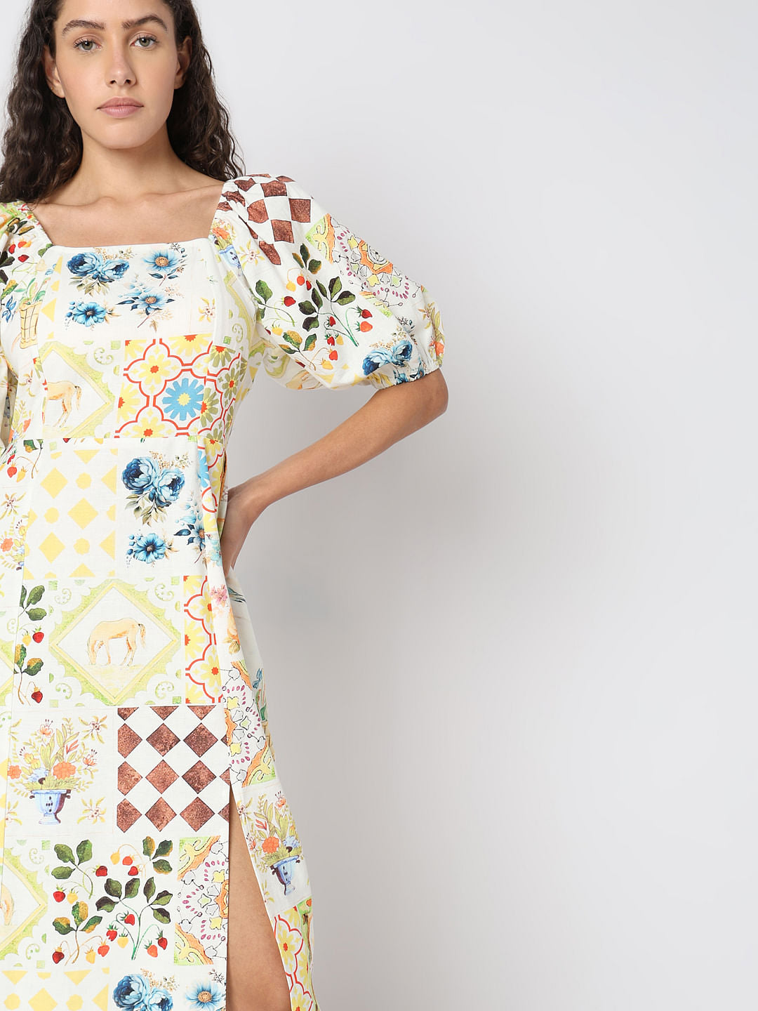 Pale Yellow Floral Midi Dress