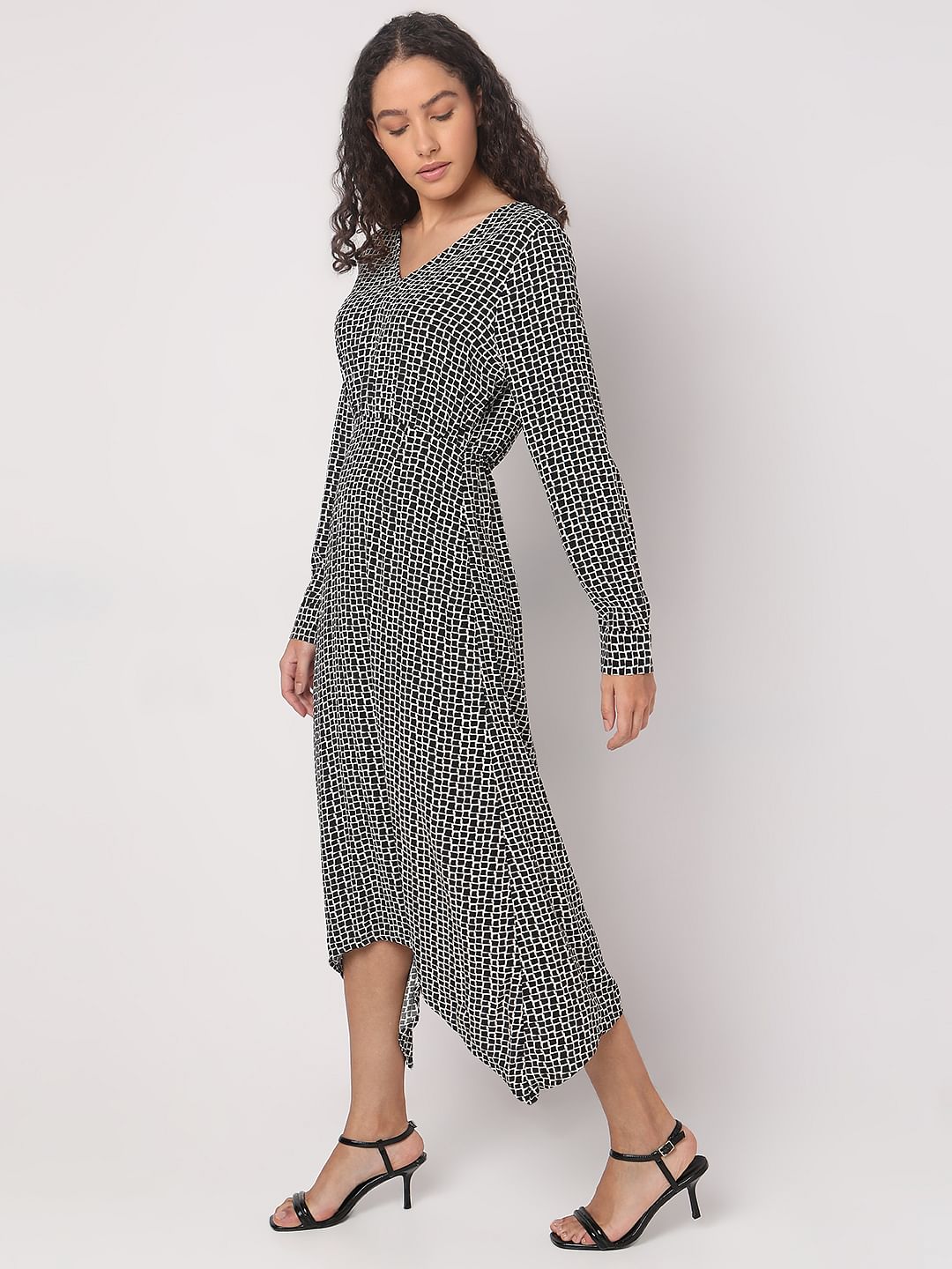 Black Abstract Print Midi Dress