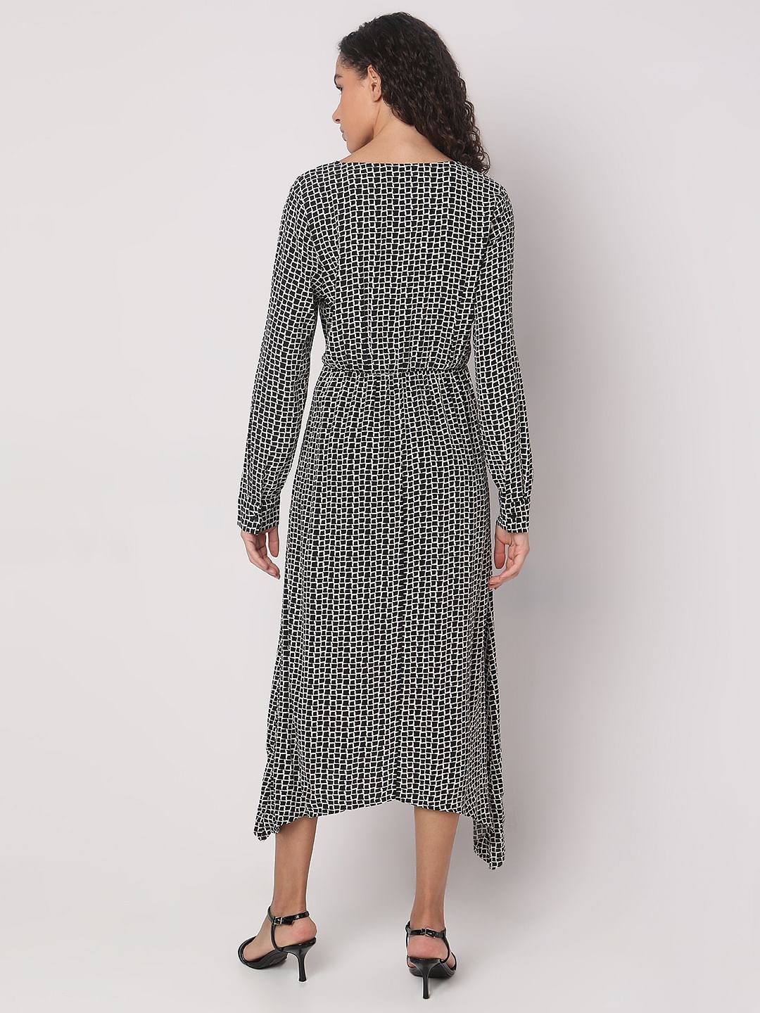 Black Abstract Print Midi Dress