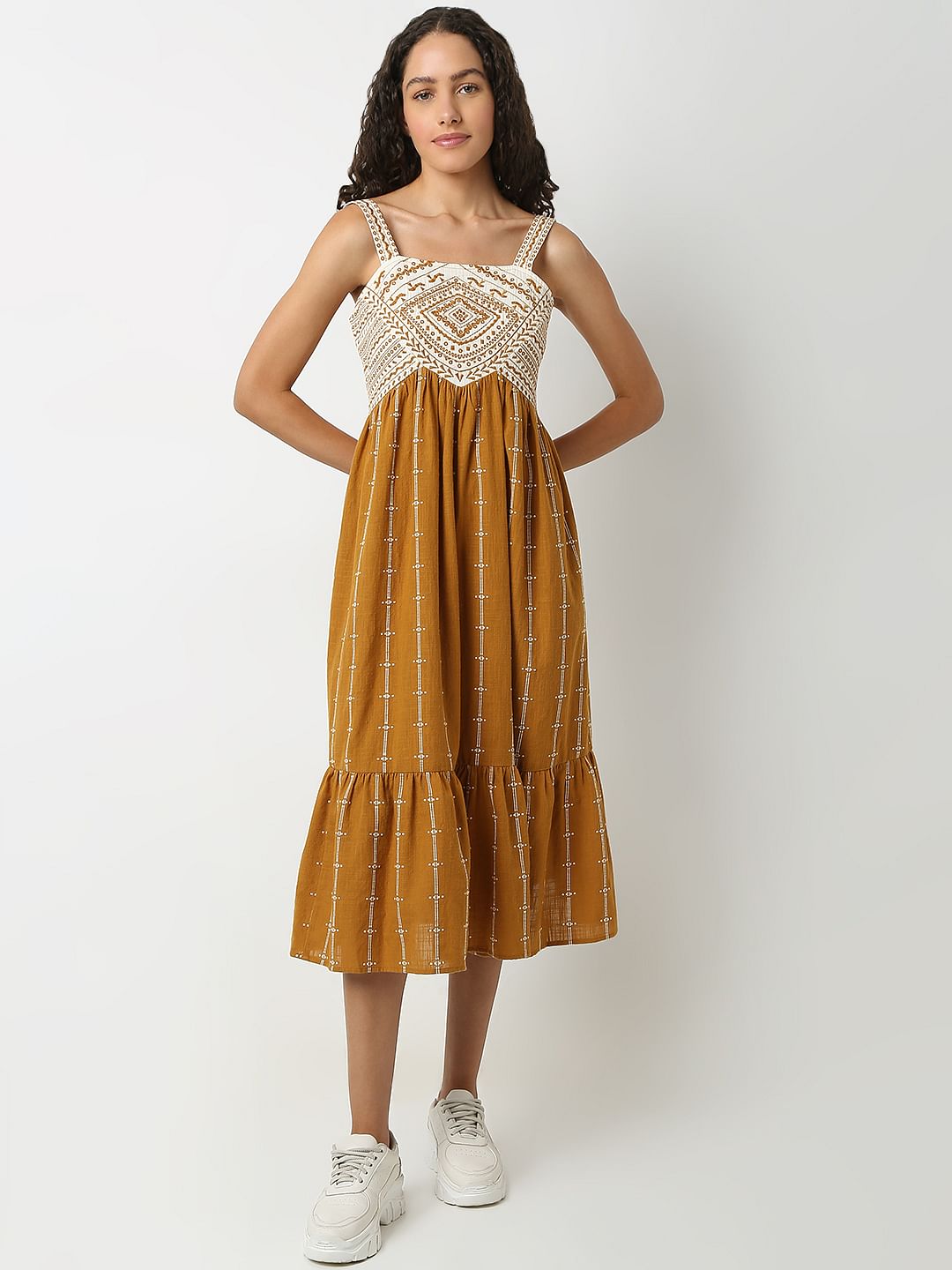 Mustard Embroidered Midi Dress