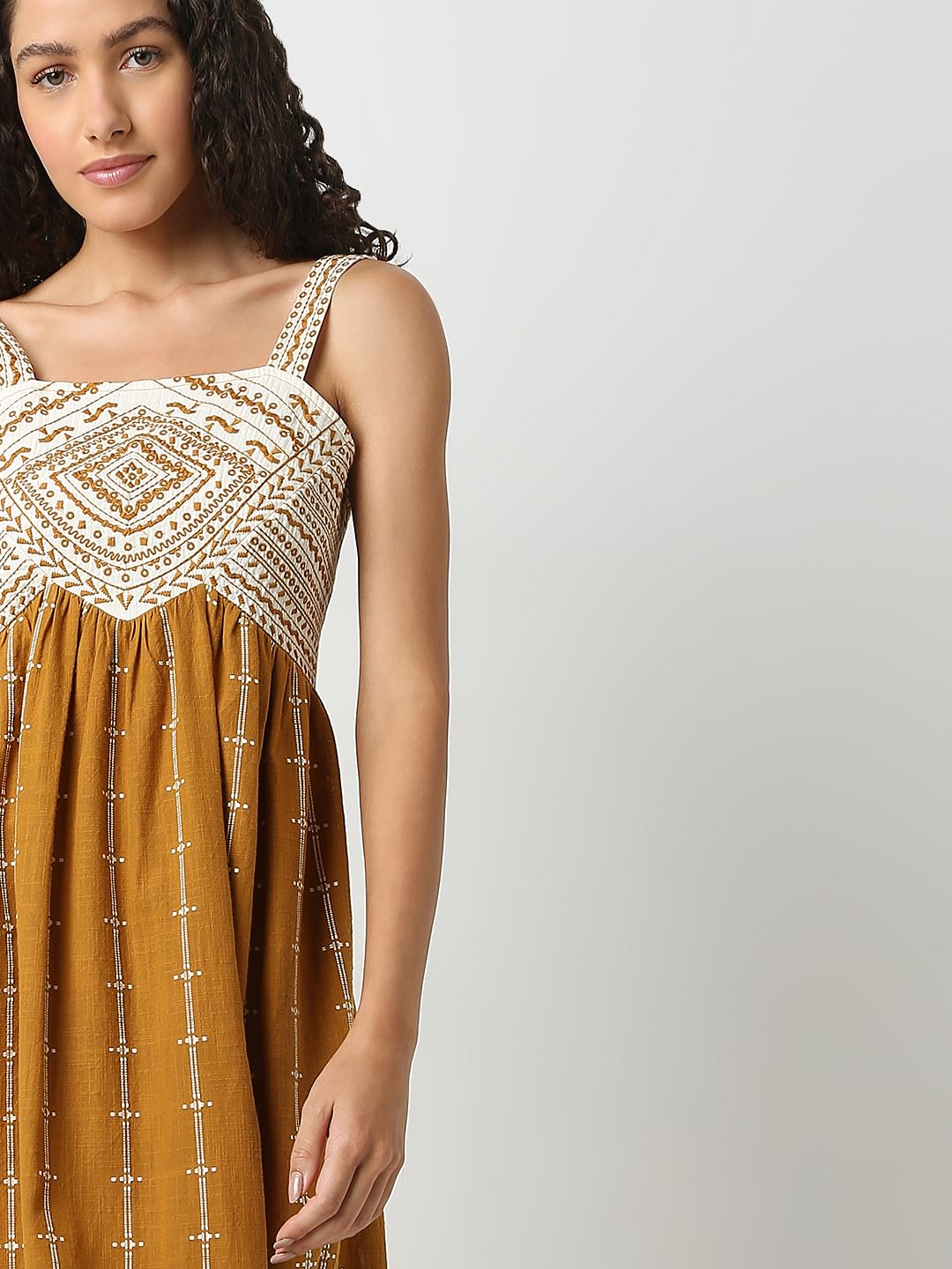 Mustard Embroidered Midi Dress