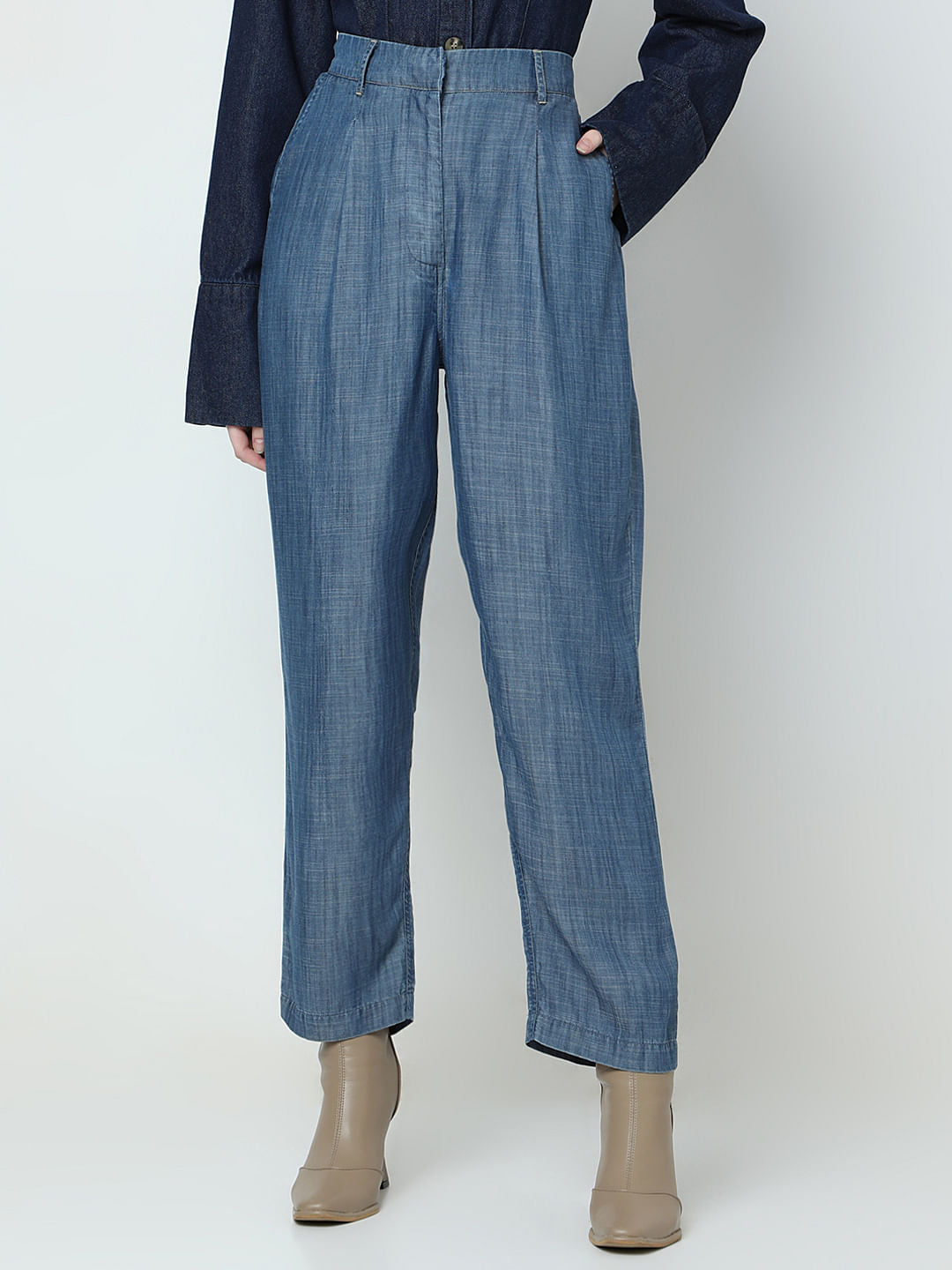 Blue High Rise Tencel Pants