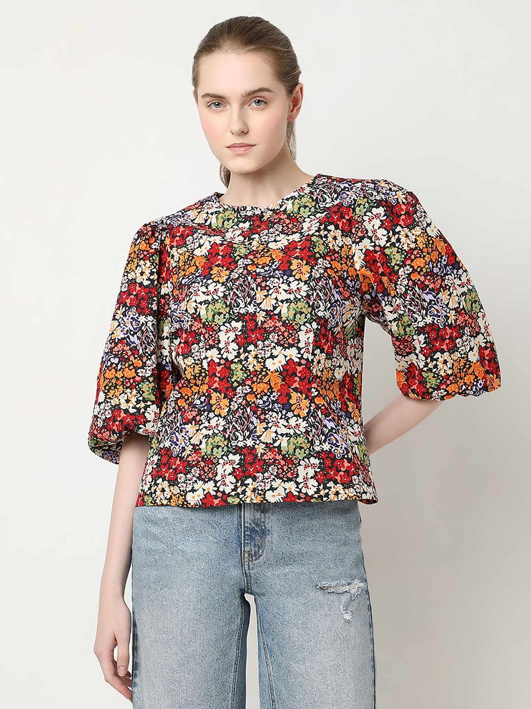 Black Floral Print Cotton Top
