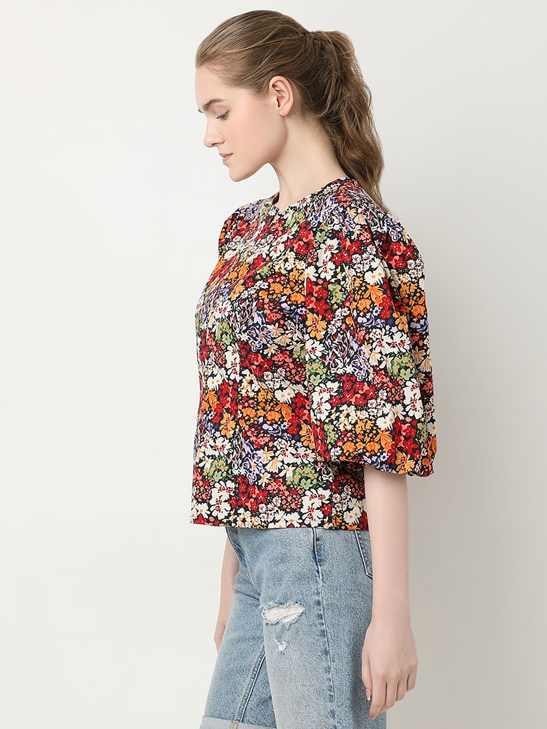 Black Floral Print Cotton Top