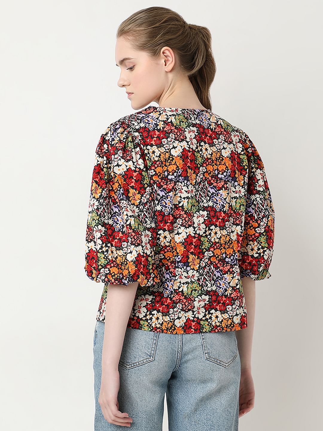 Black Floral Print Cotton Top