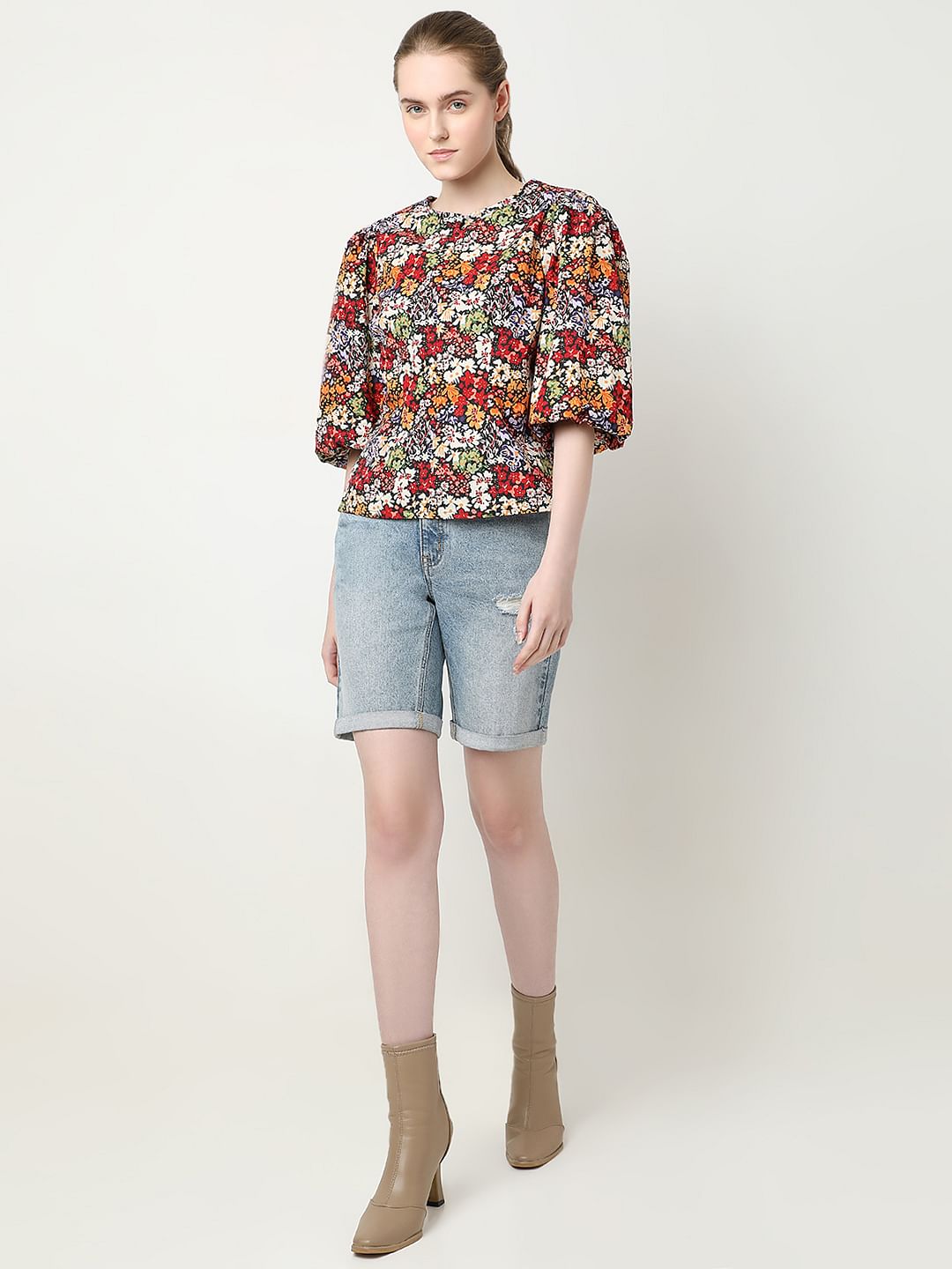 Black Floral Print Cotton Top