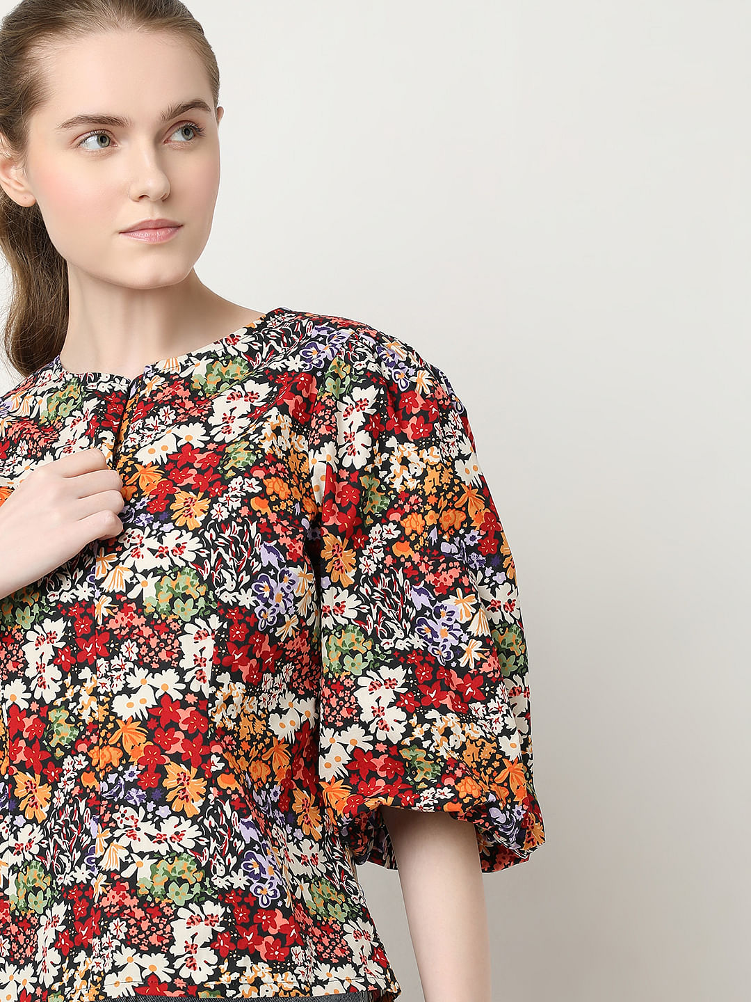 Black Floral Print Cotton Top