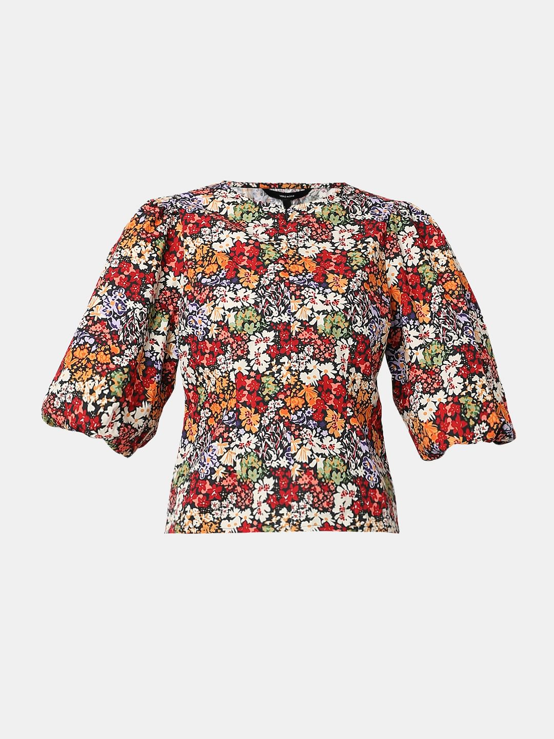 Black Floral Print Cotton Top