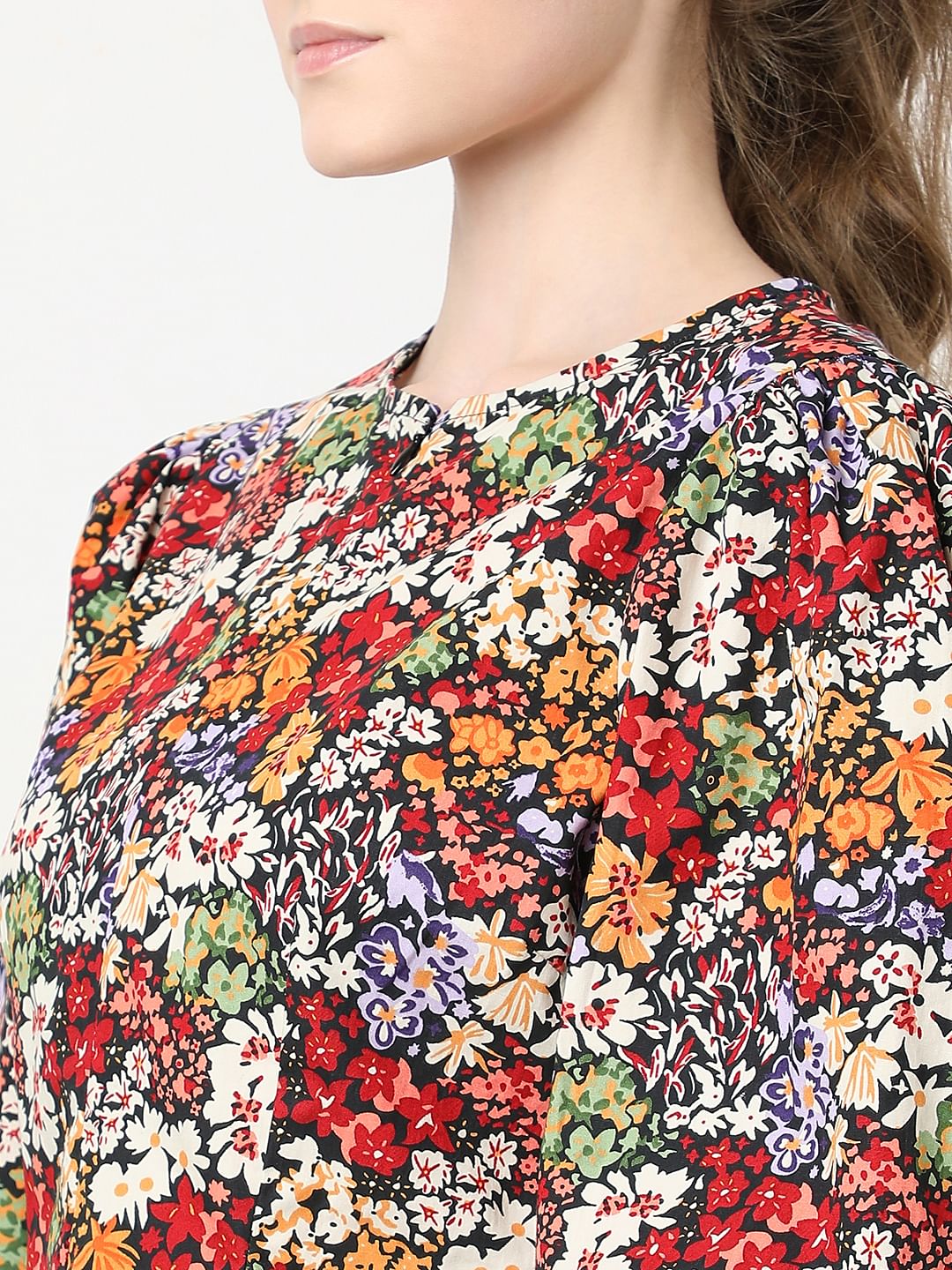 Black Floral Print Cotton Top