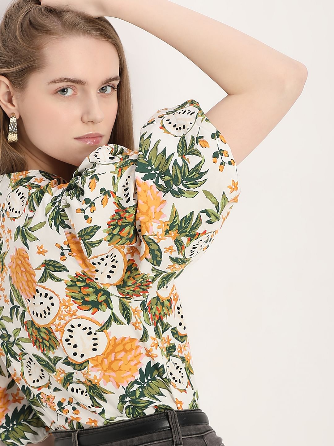 Off-White Floral Print Cotton Top