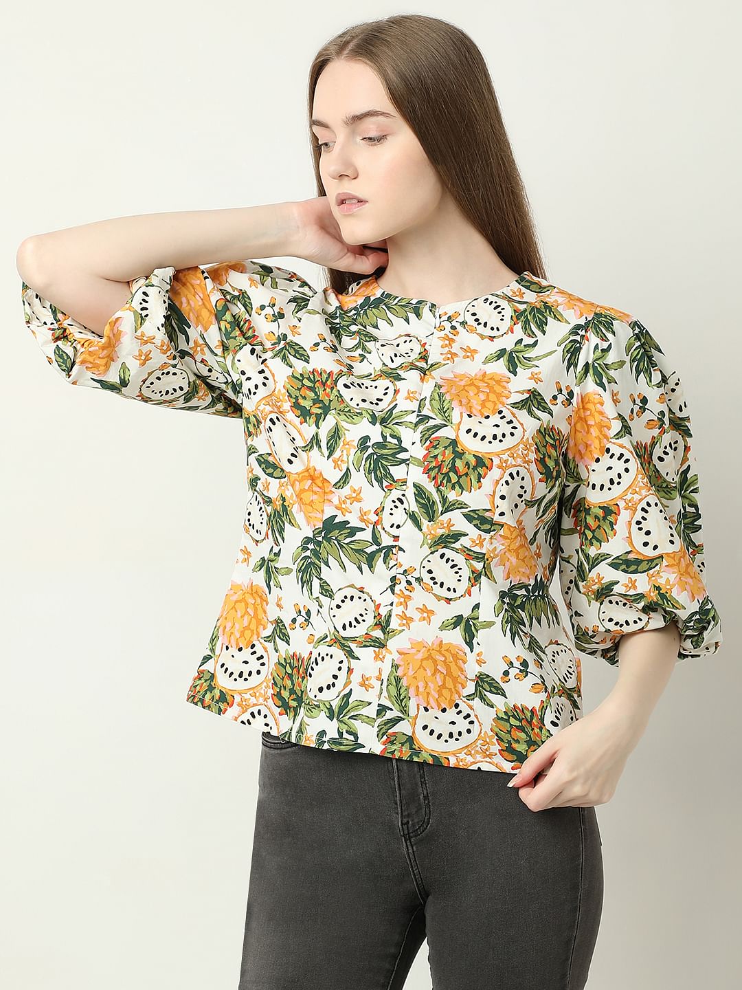 Off-White Floral Print Cotton Top