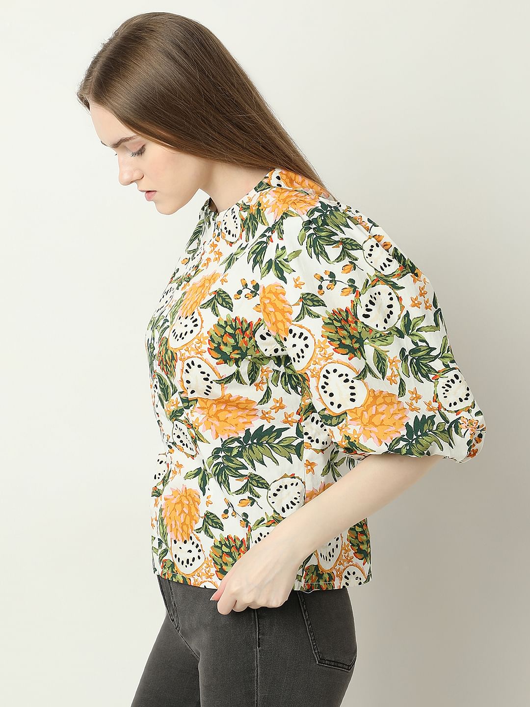 Off-White Floral Print Cotton Top
