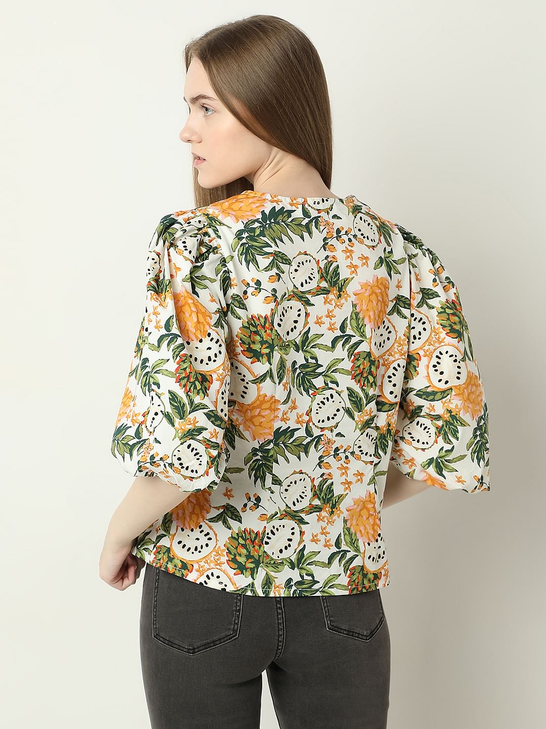 Off-White Floral Print Cotton Top