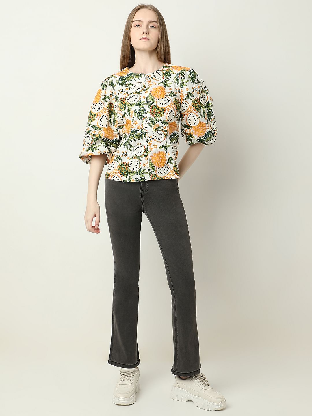 Off-White Floral Print Cotton Top