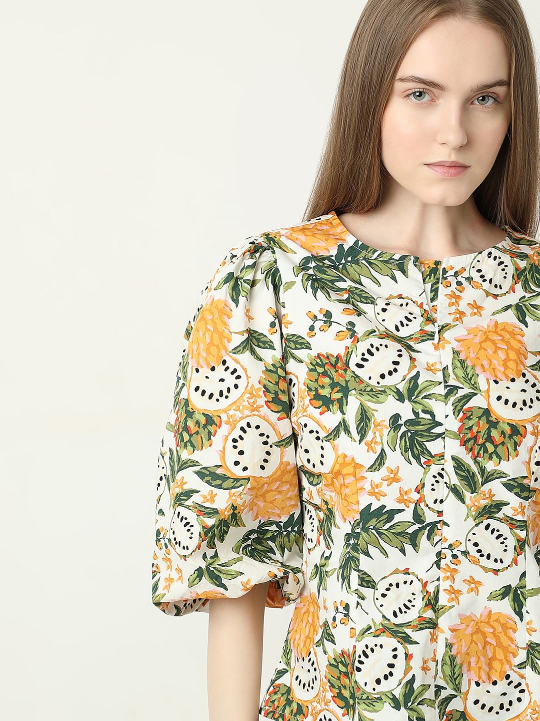 Off-White Floral Print Cotton Top