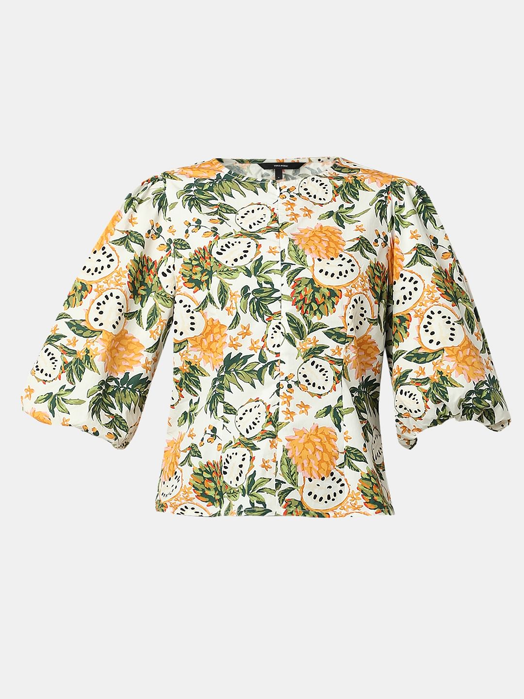 Off-White Floral Print Cotton Top