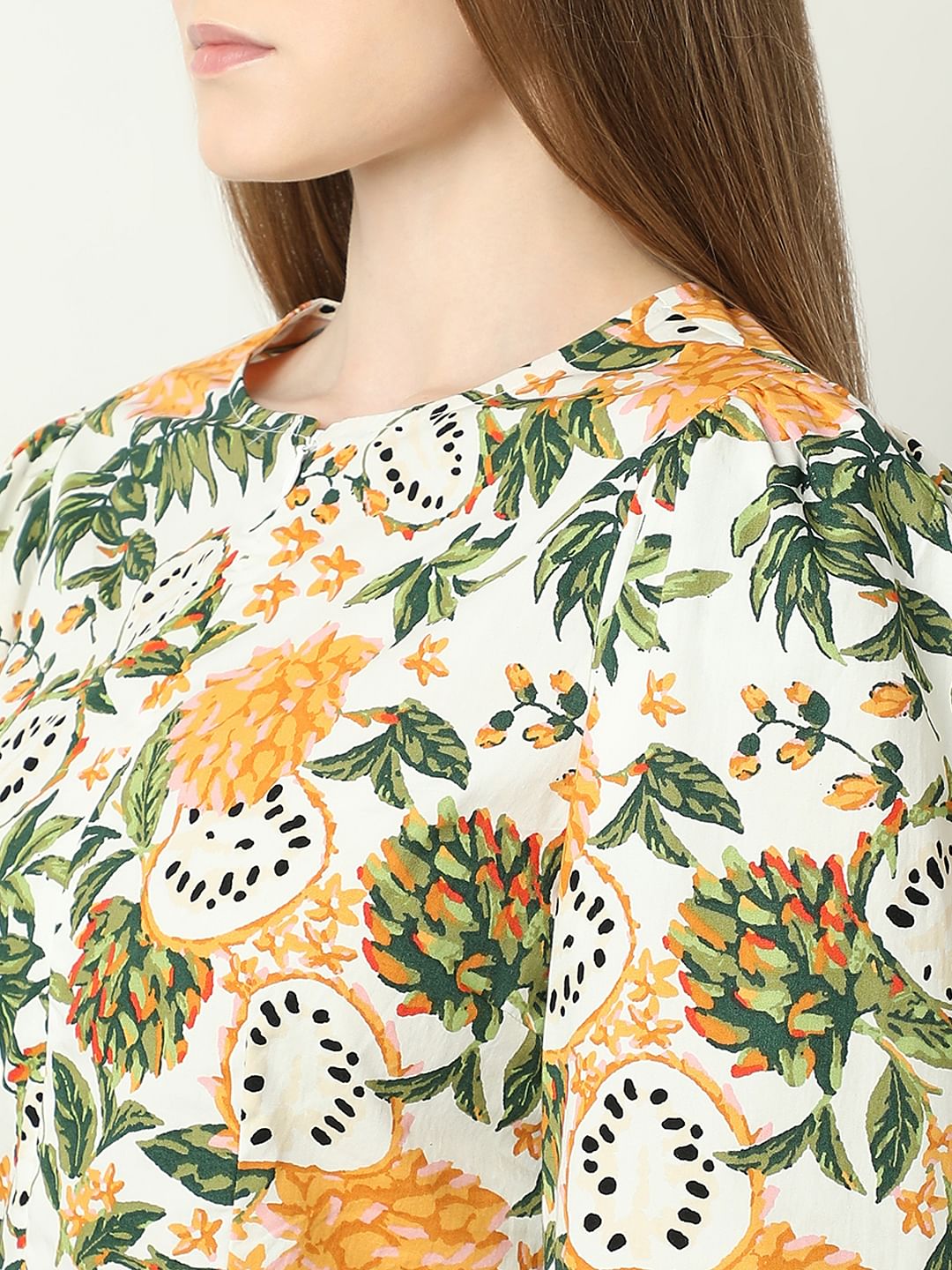 Off-White Floral Print Cotton Top
