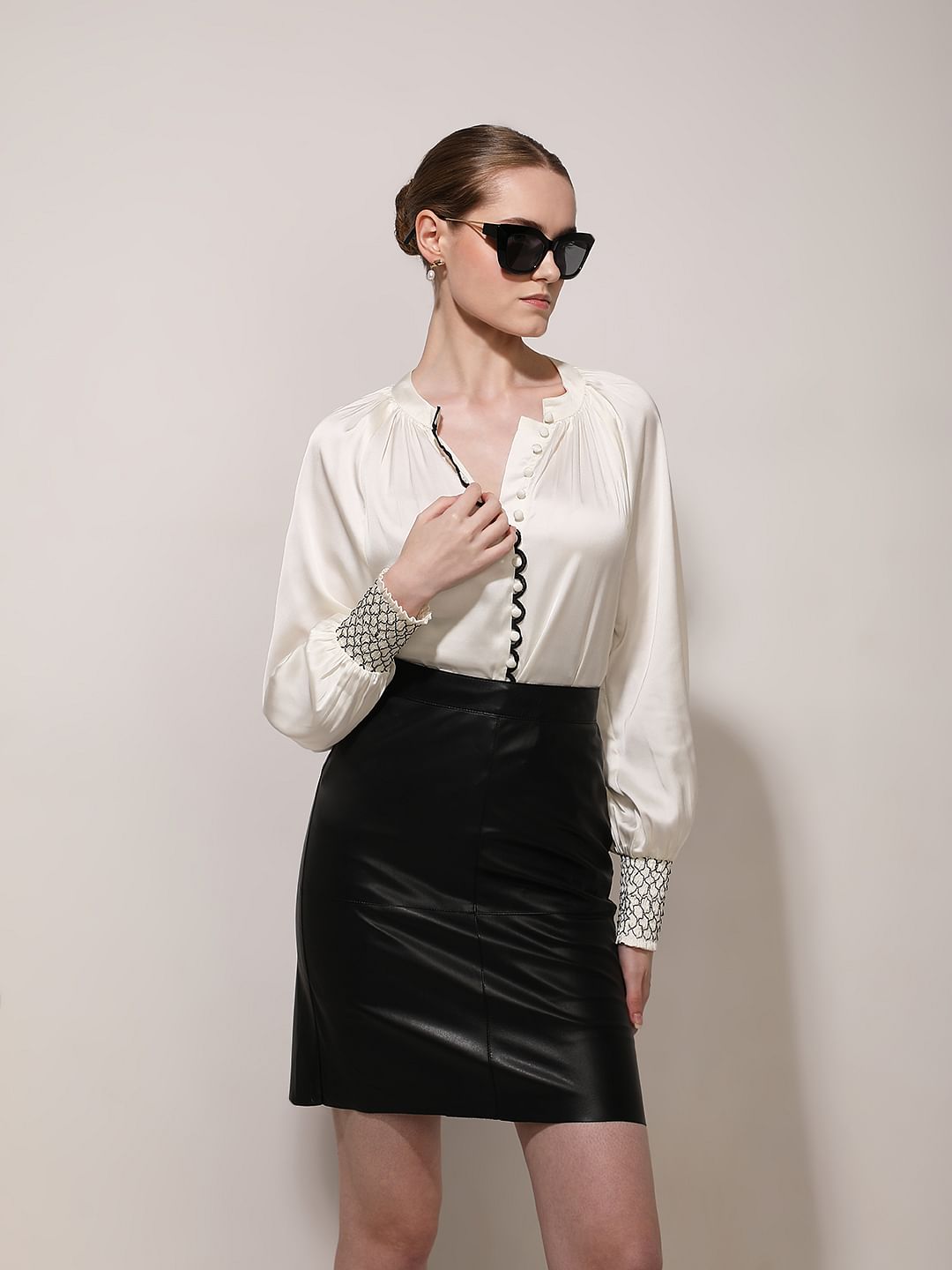 White Contrast Stitch Detail Top