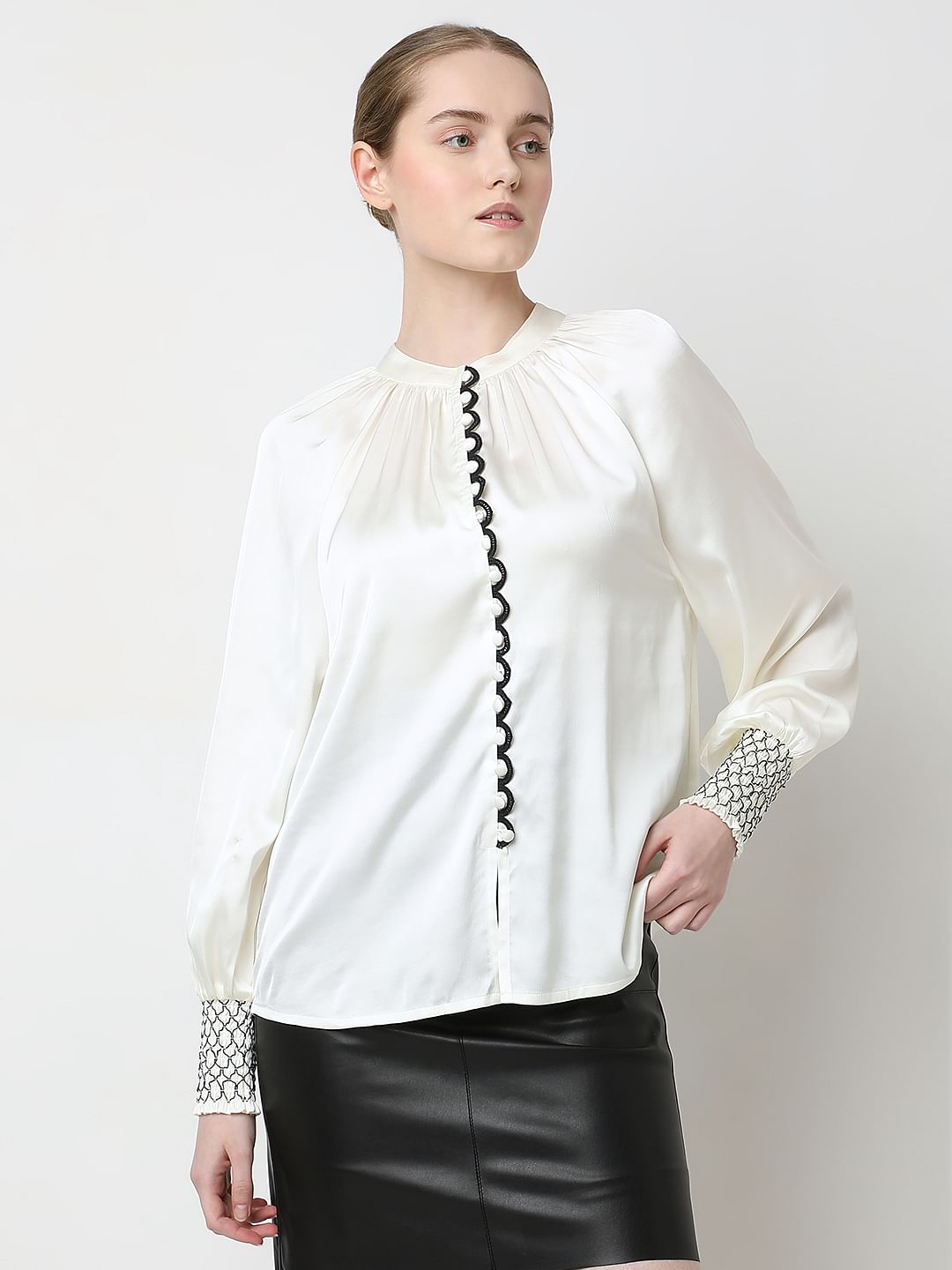 White Contrast Stitch Detail Top