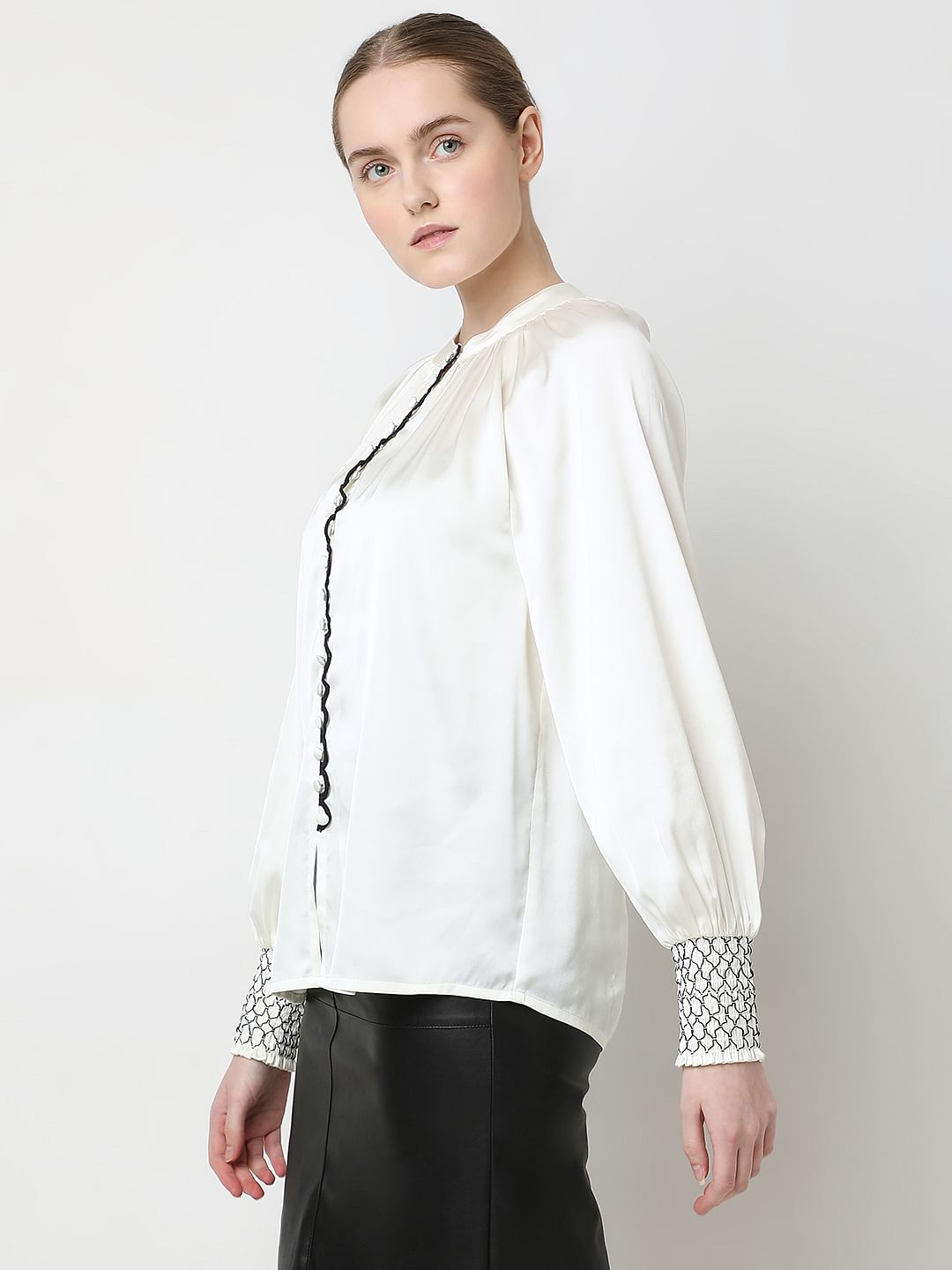 White Contrast Stitch Detail Top