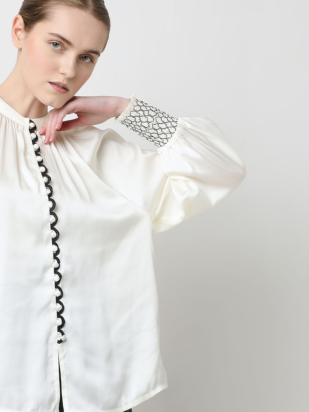 White Contrast Stitch Detail Top