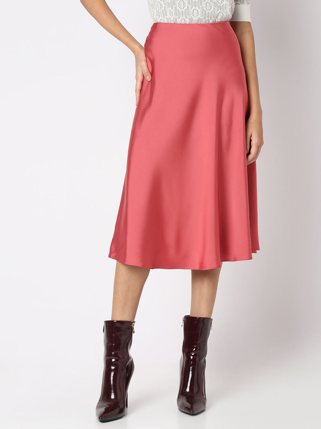 Rose Pink Satin Midi Skirt