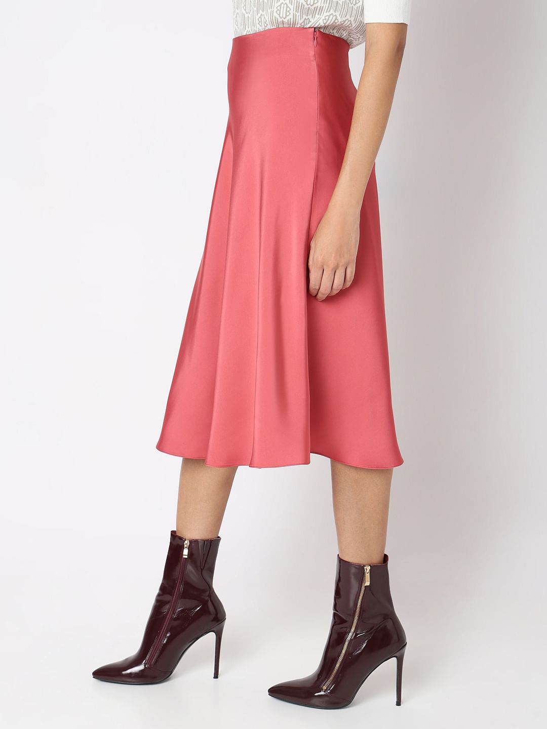 Rose Pink Satin Midi Skirt