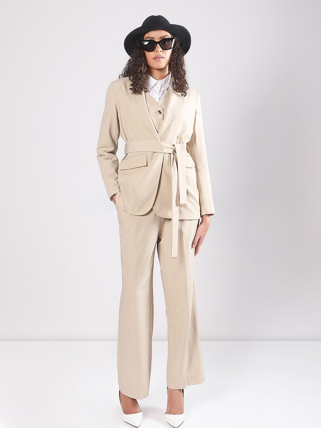 Beige Striped Co-ord Set Blazer