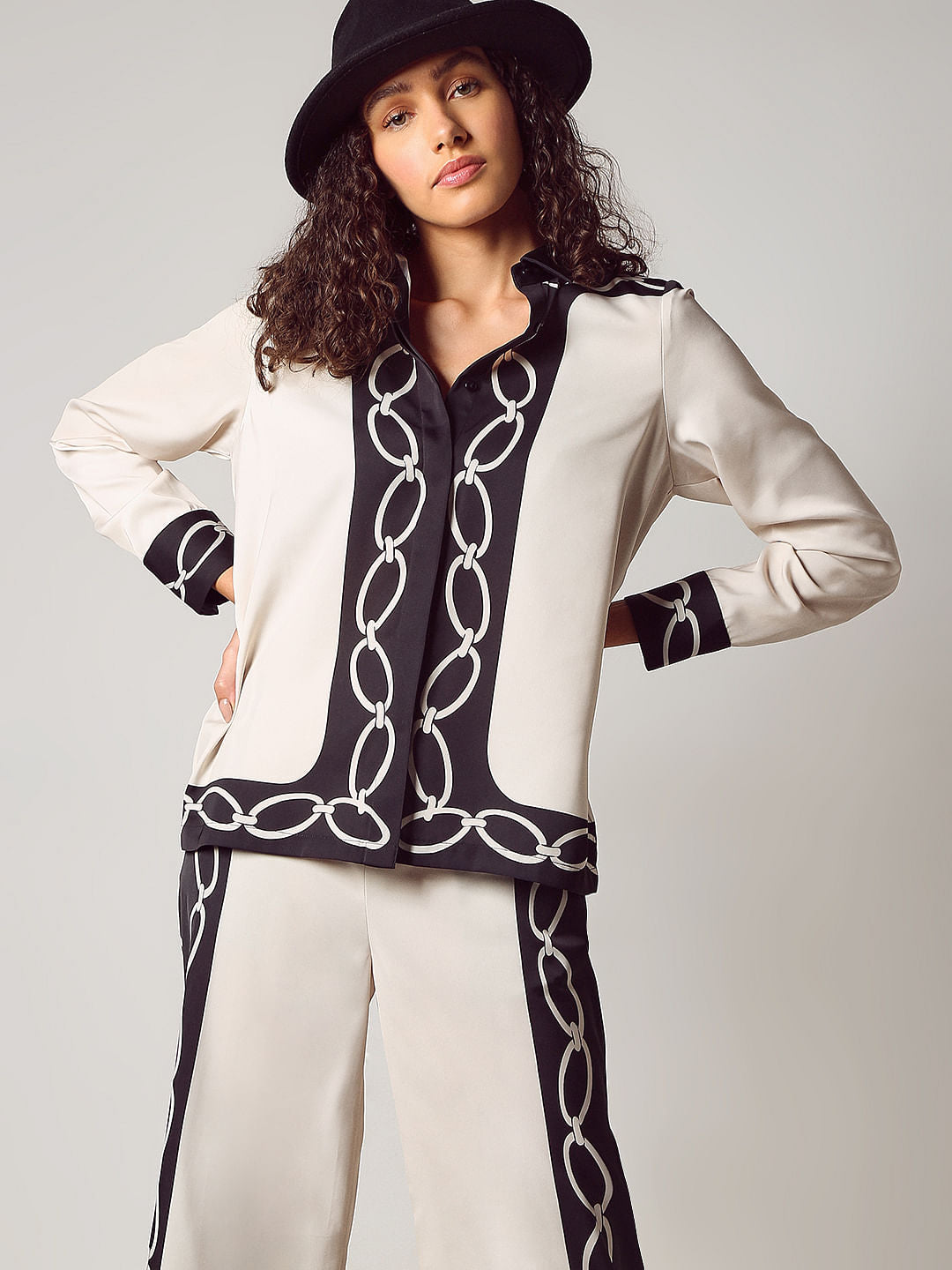 Beige Printed Co-Ord Set Shirt