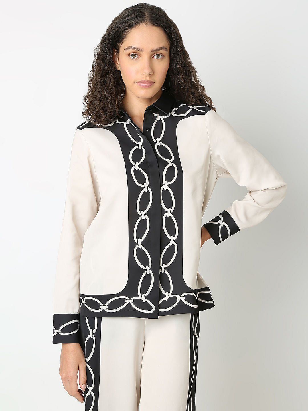 Beige Printed Co-Ord Set Shirt