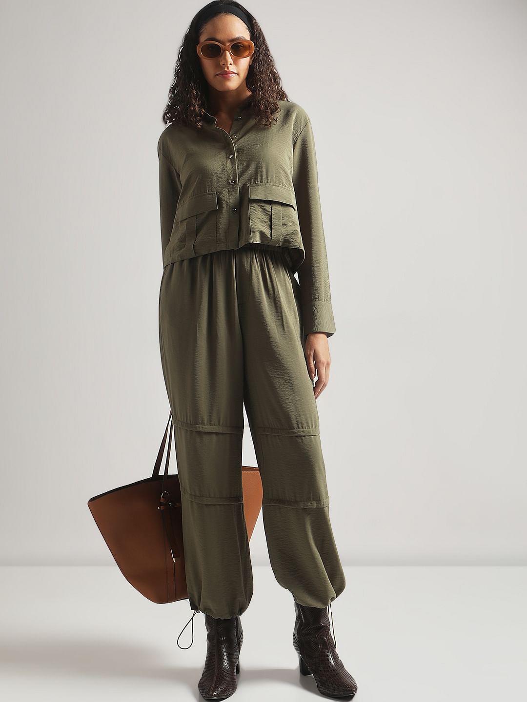 Olive Green Cropped Co-Ord Set Shirt