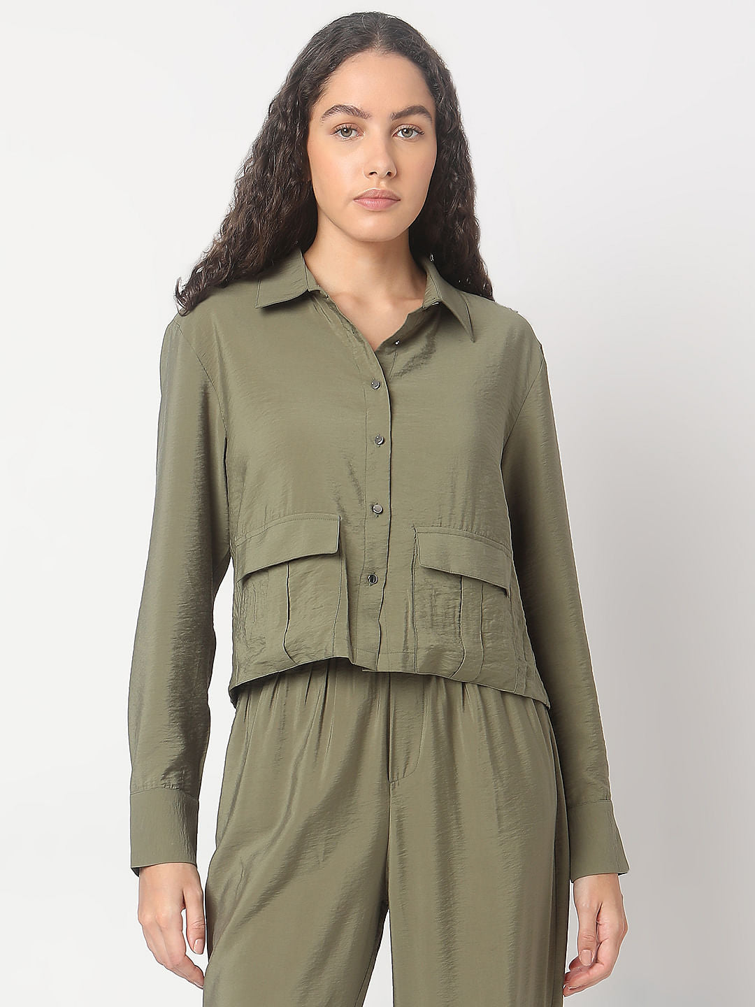Olive Green Cropped Co-Ord Set Shirt