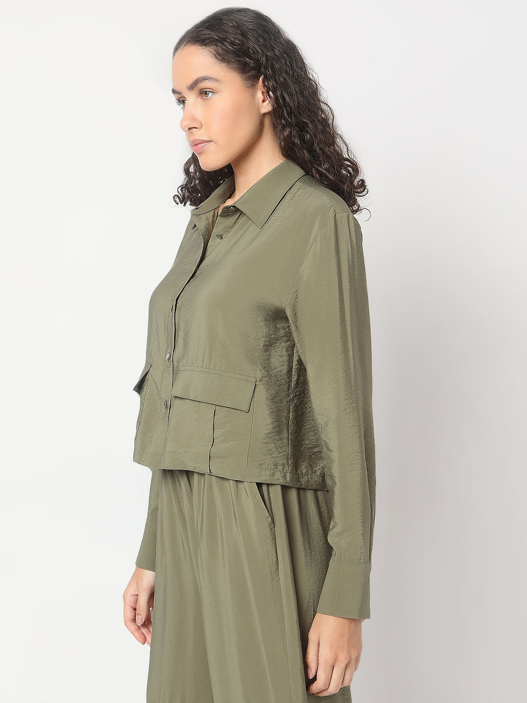 Olive Green Cropped Co-Ord Set Shirt