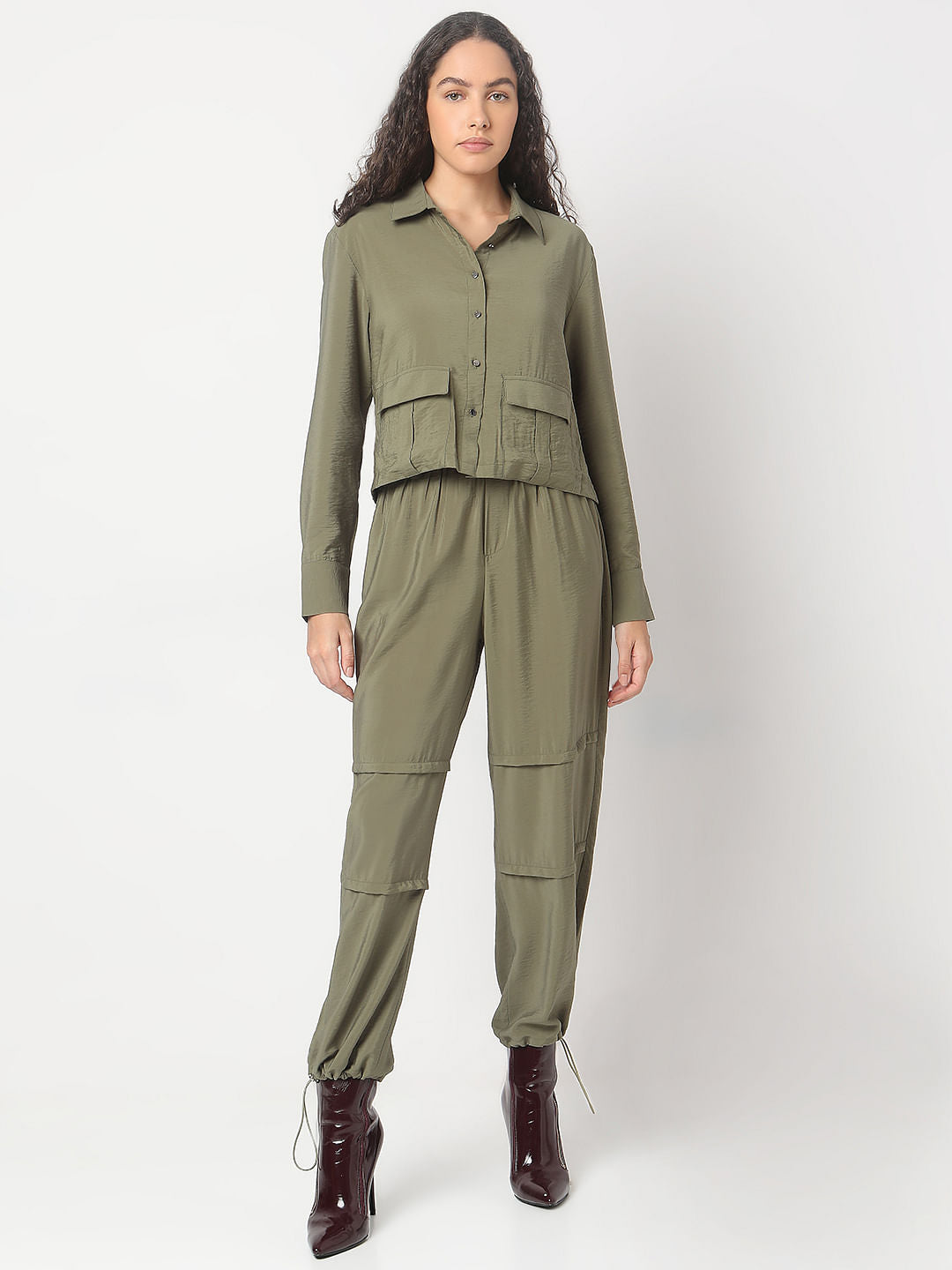 Olive Green Cropped Co-Ord Set Shirt