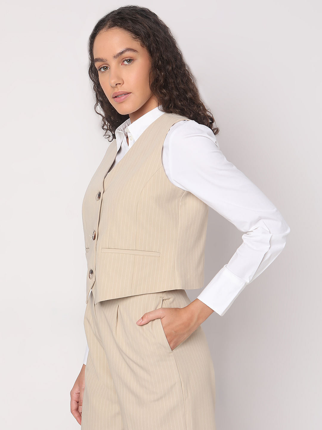 Beige Striped Co-Ord Set Waistcoat