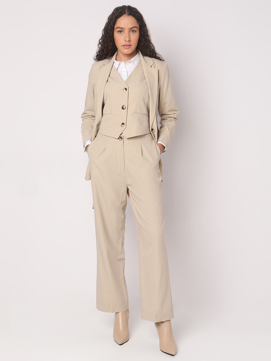 Beige Striped Co-Ord Set Waistcoat