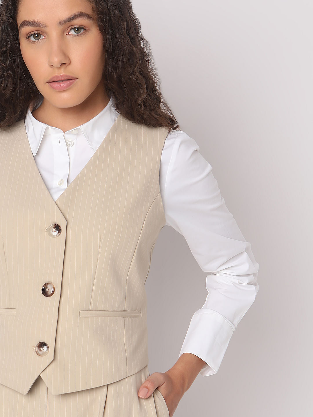 Beige Striped Co-Ord Set Waistcoat