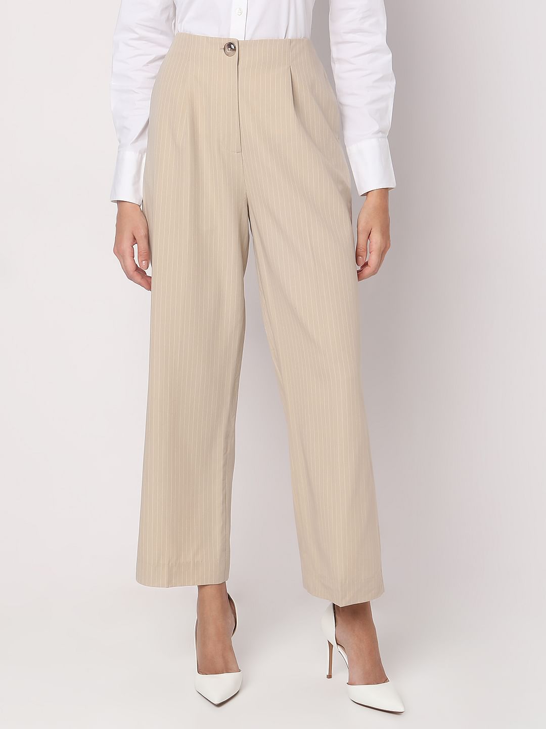Beige Striped Co-Ord Set Pants