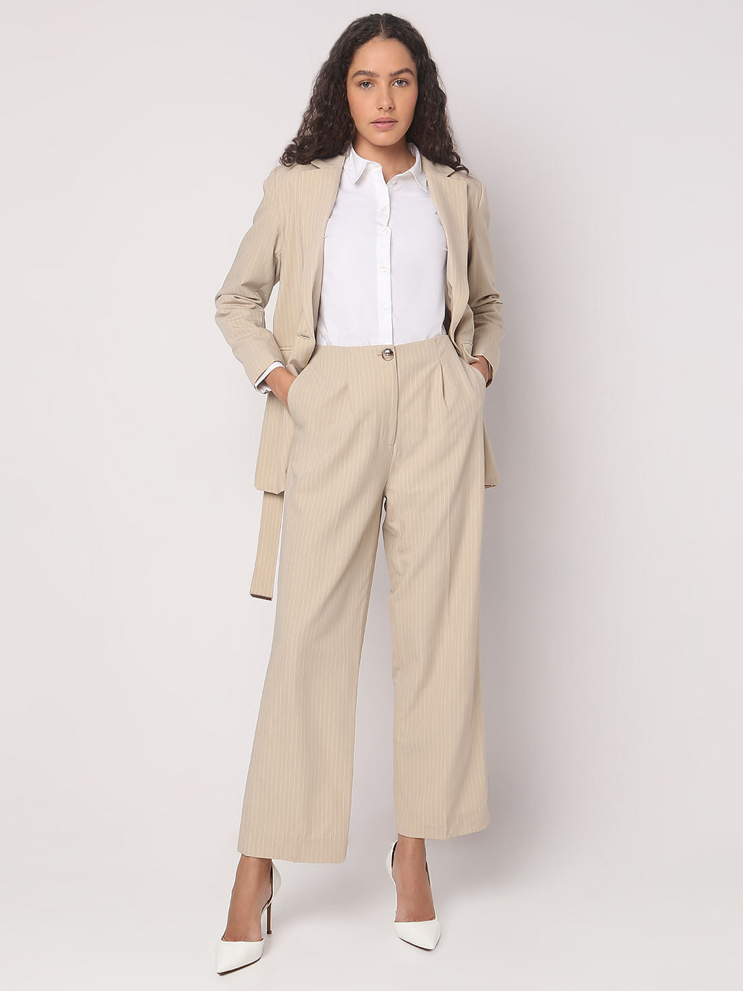 Beige Striped Co-Ord Set Pants