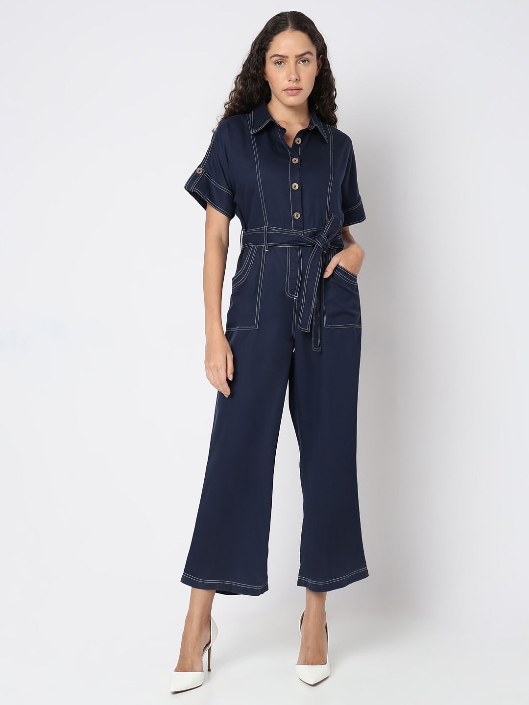 Navy Blue Denim Jumpsuit