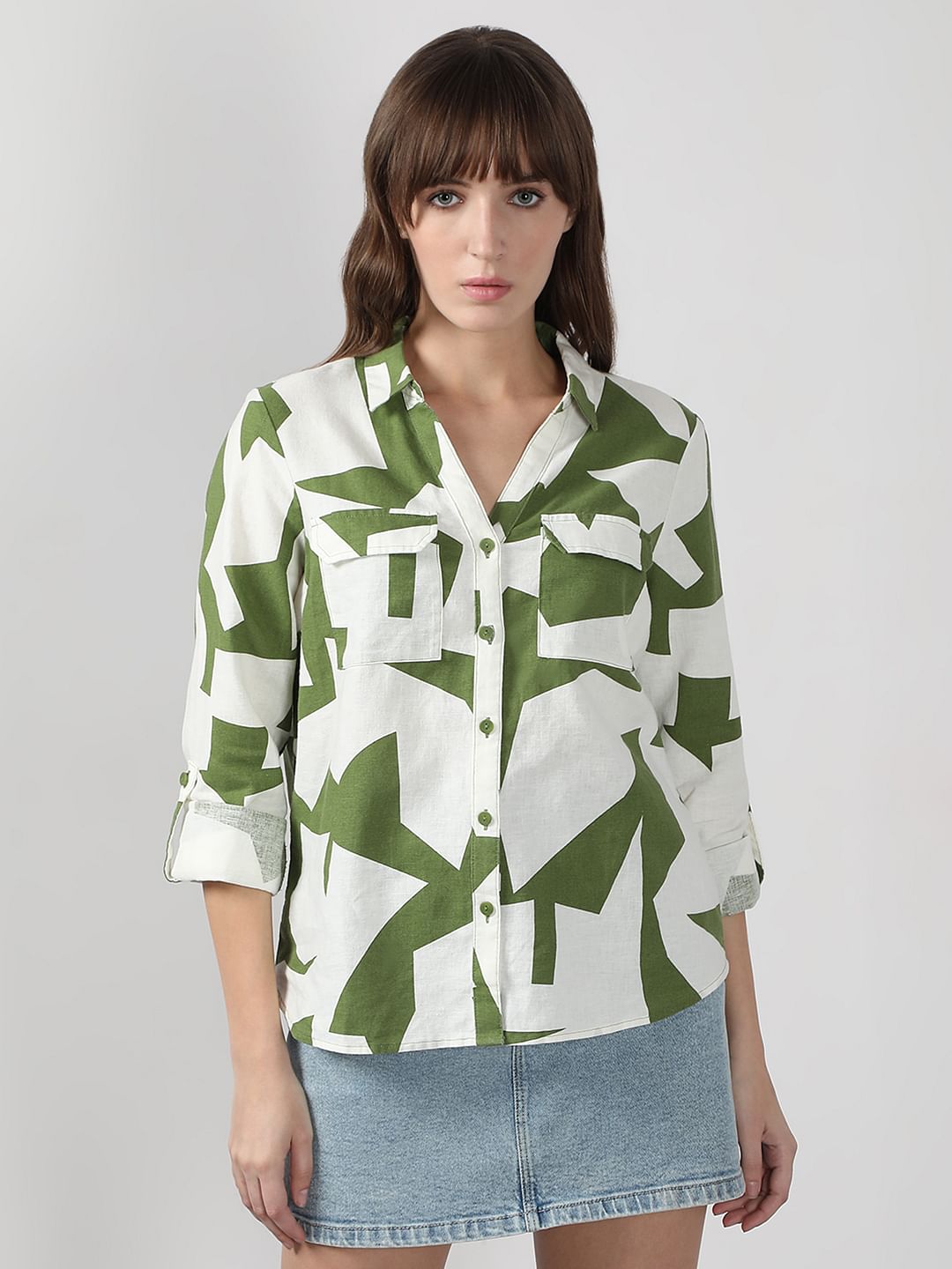 Green Abstract Print Linen Shirt