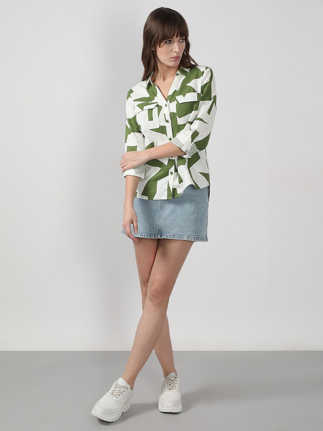 Green Abstract Print Linen Shirt