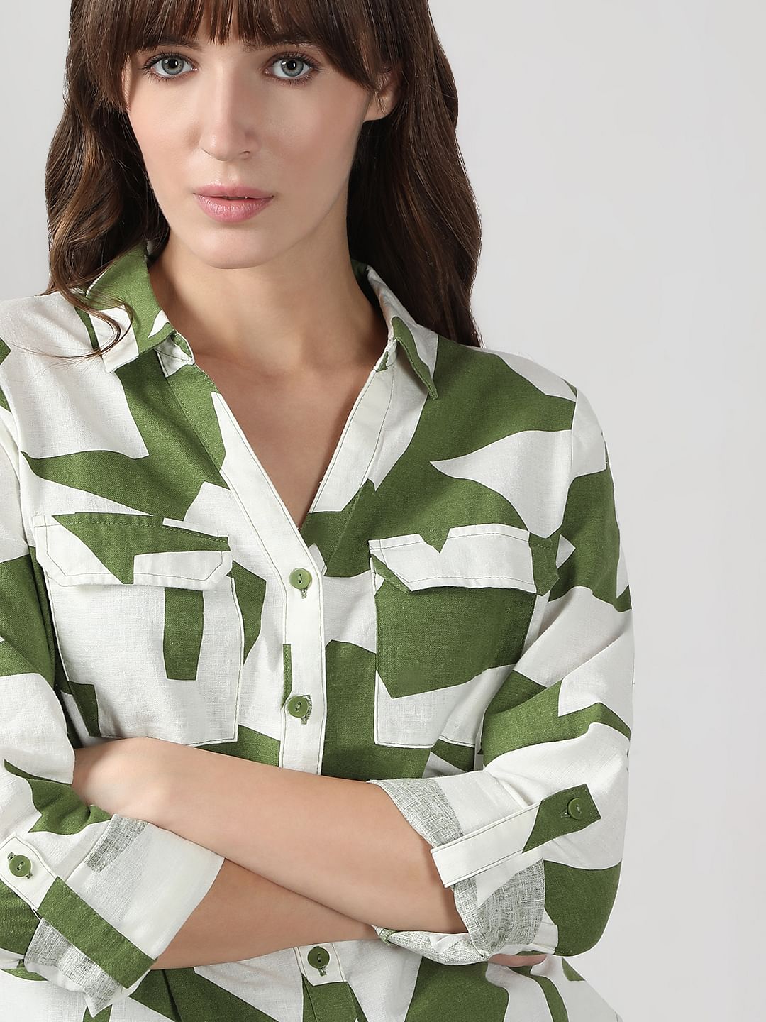 Green Abstract Print Linen Shirt