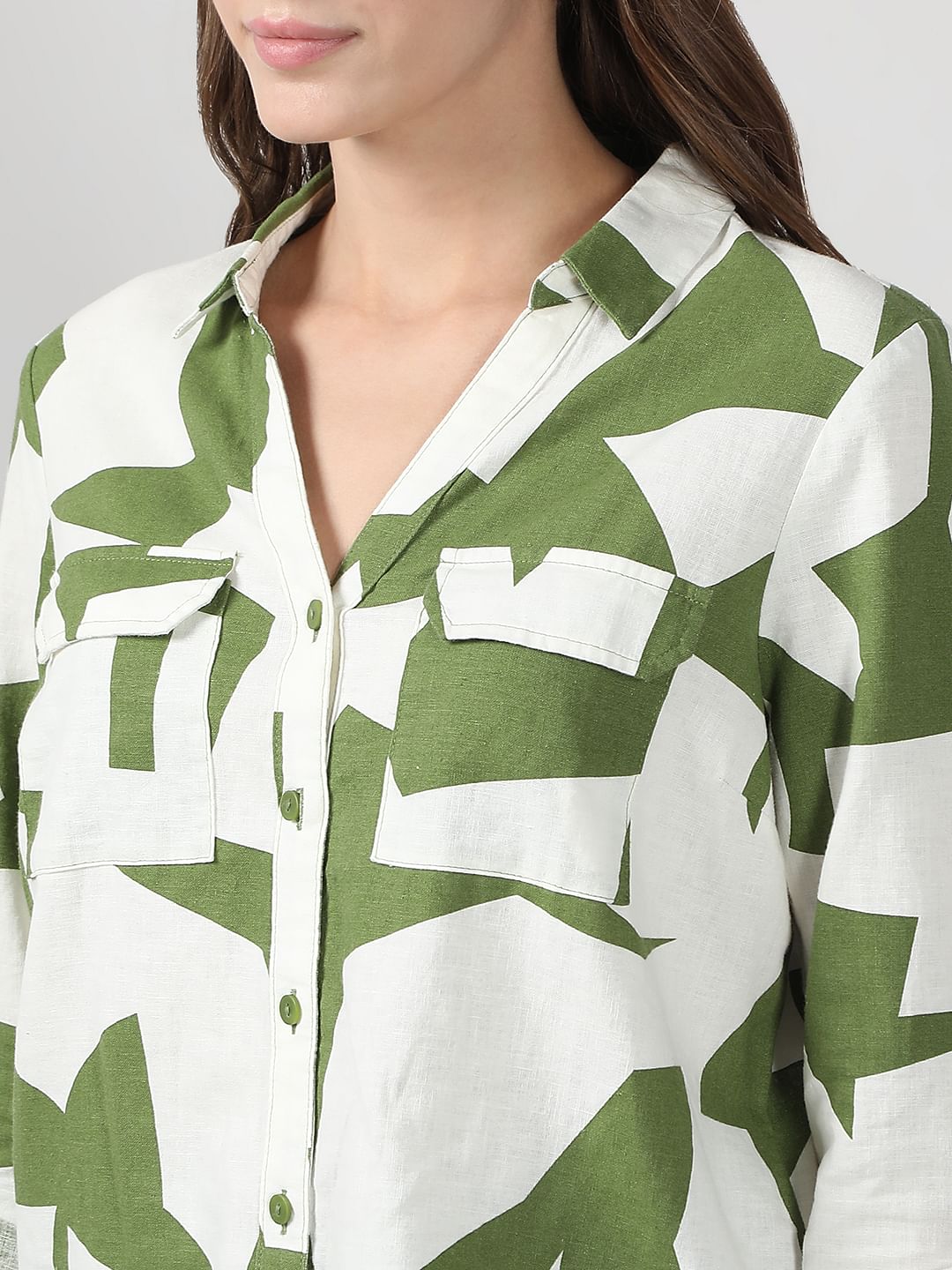 Green Abstract Print Linen Shirt