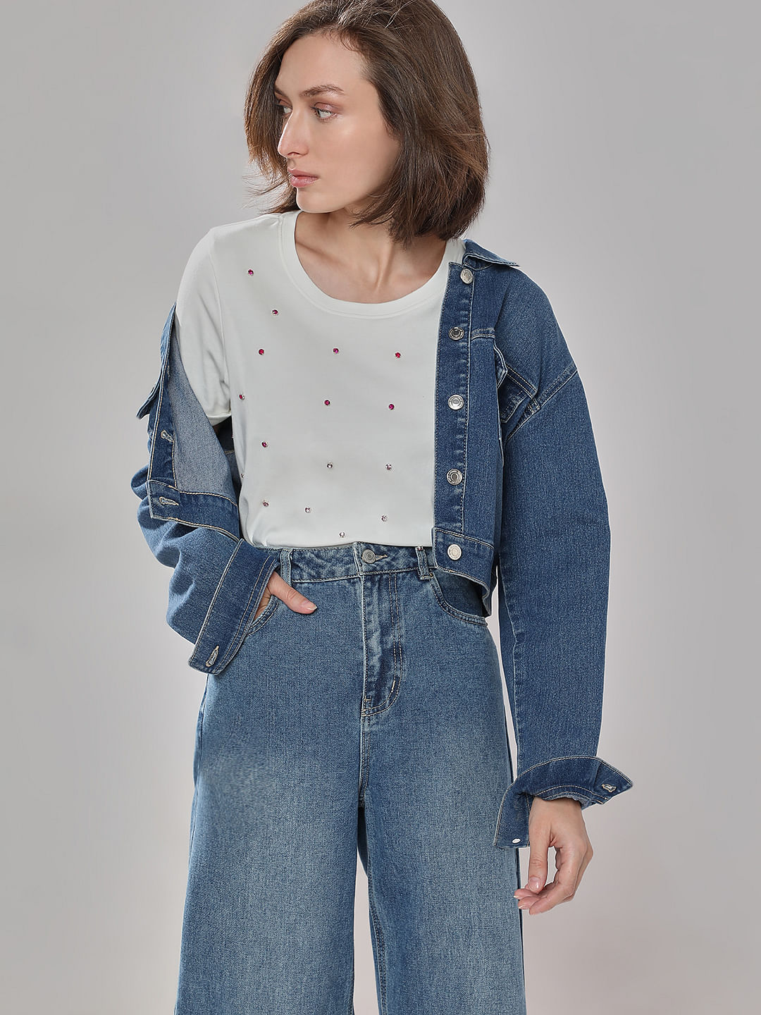 White Detail Rhinestone T-Shirt